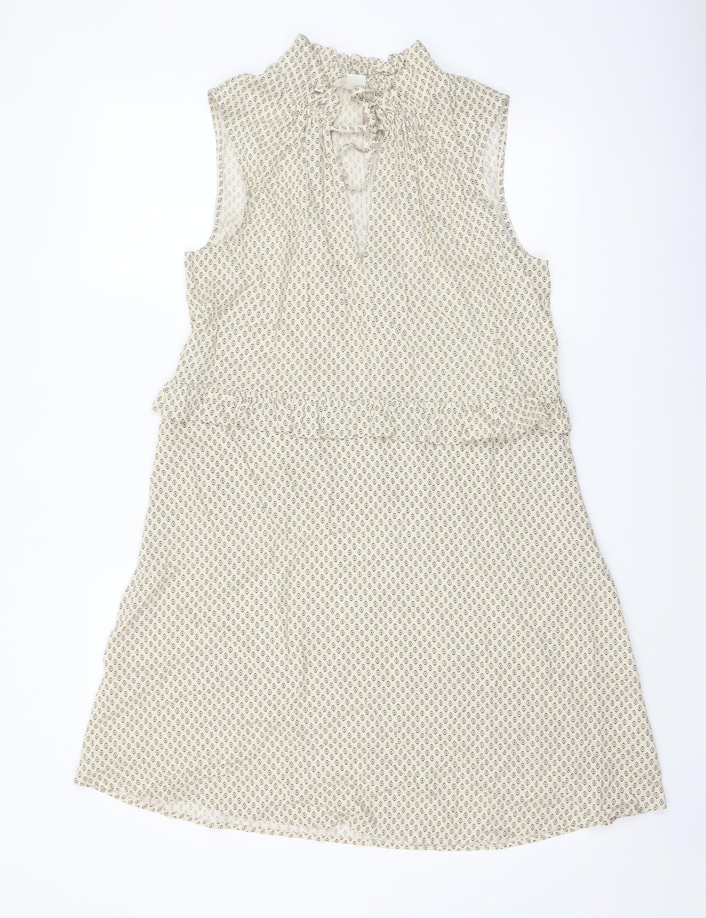 H&M Womens Beige Geometric Viscose A-Line Size 10 Mock Neck Tie