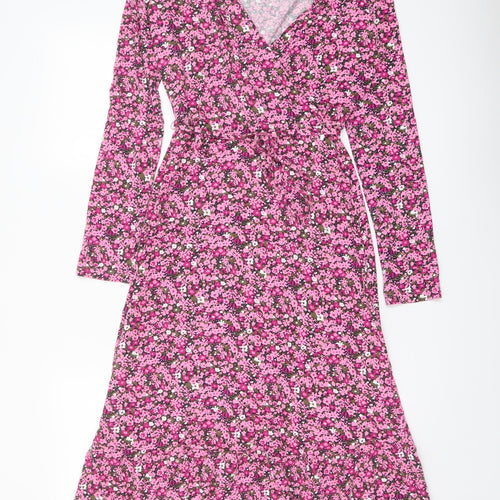 Marks and Spencer Womens Pink Floral Viscose A-Line Size 6 V-Neck Pullover