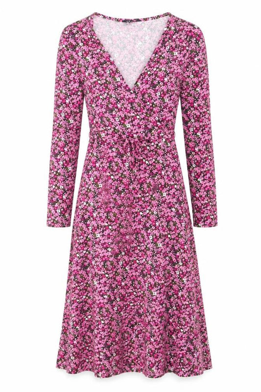 Front view of Marks & Spencer women’s pink floral viscose a-line, size UK 6, v-neck pullover