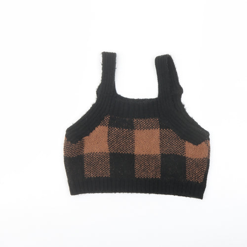 ASOS Womens Black Plaid Acrylic Cropped Tank Size 8 Square Neck