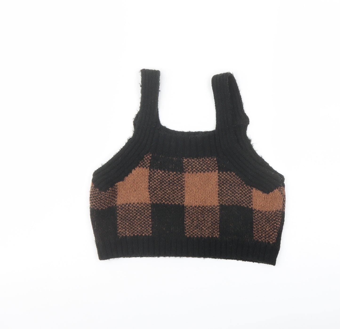 ASOS Womens Black Plaid Acrylic Cropped Tank Size 8 Square Neck