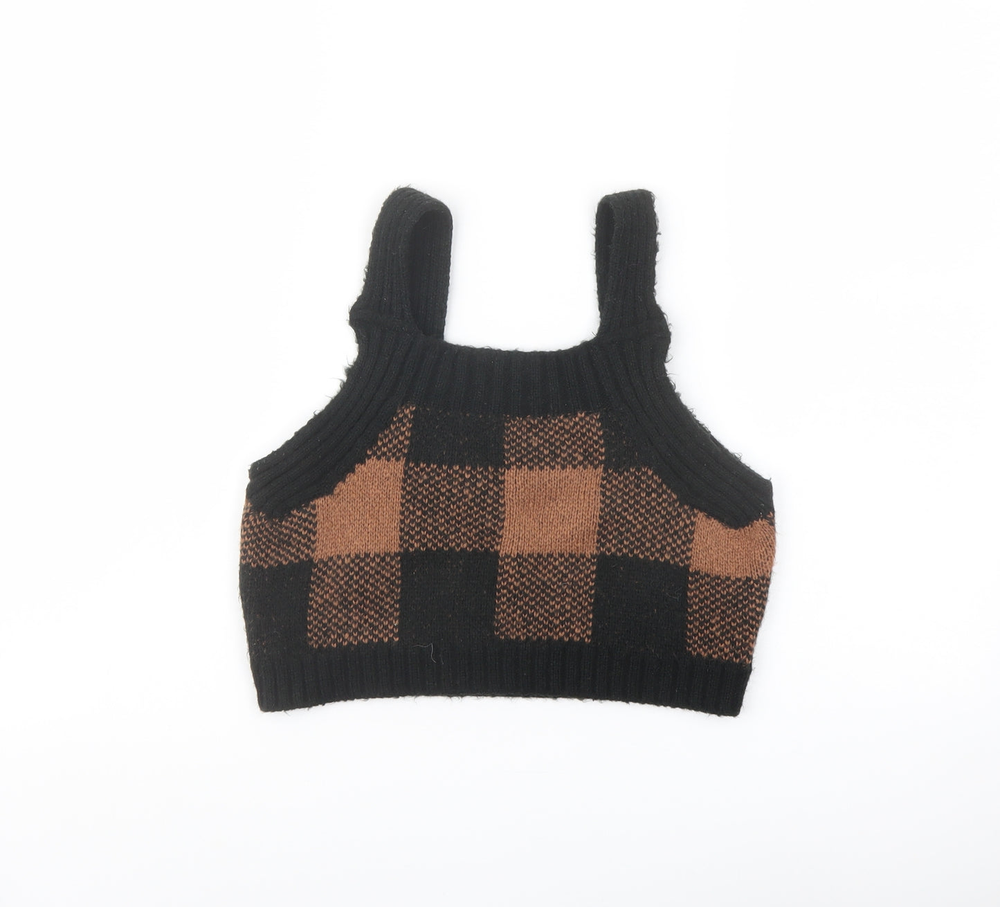 ASOS Womens Black Plaid Acrylic Cropped Tank Size 8 Square Neck