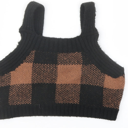 ASOS Womens Black Plaid Acrylic Cropped Tank Size 8 Square Neck