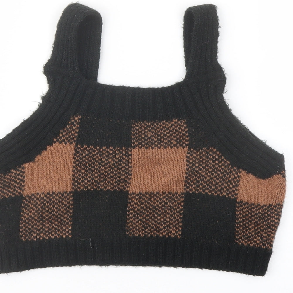 ASOS Womens Black Plaid Acrylic Cropped Tank Size 8 Square Neck