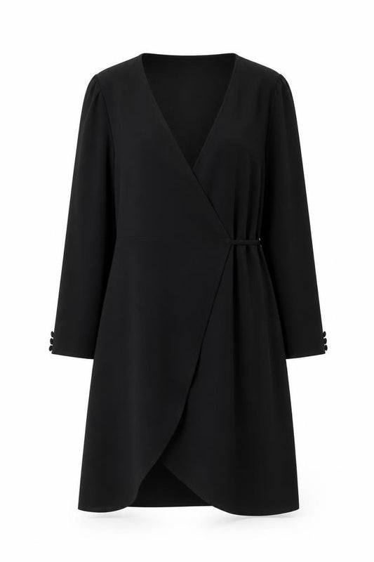 Front view of Topshop women’s black polyester wrap dress, size UK 12, v-neck tie