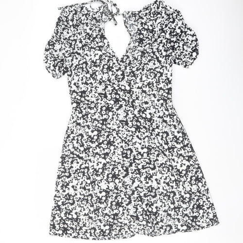 Topshop Womens Black Geometric Polyester A-Line Size 10 V-Neck Tie