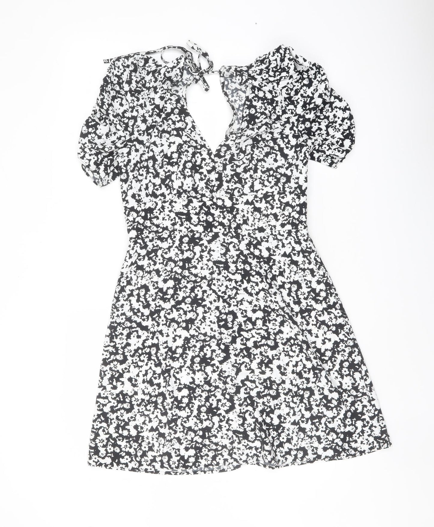 Topshop Womens Black Geometric Polyester A-Line Size 10 V-Neck Tie