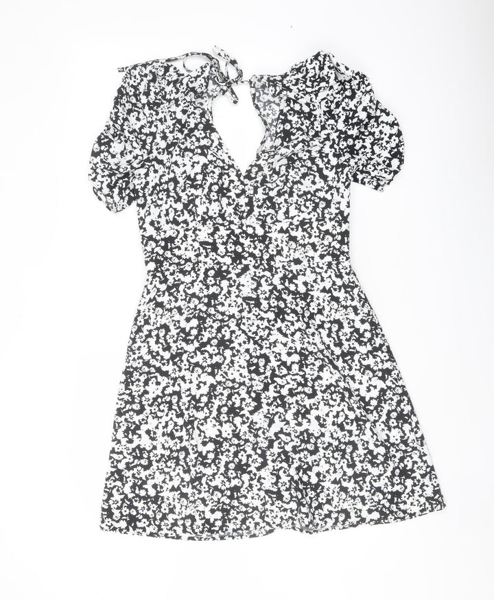 Topshop Womens Black Geometric Polyester A-Line Size 10 V-Neck Tie