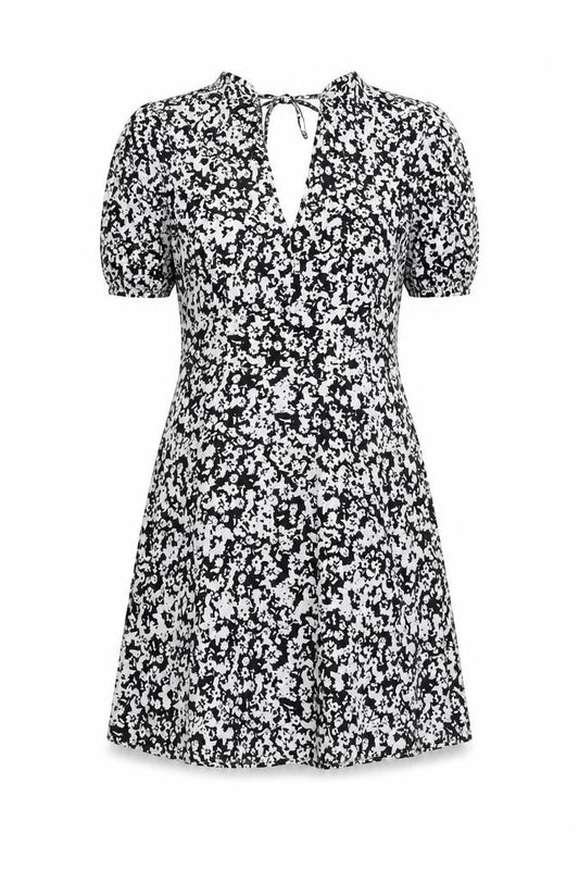 Front view of Topshop women’s black geometric polyester a-line, size UK 10, v-neck tie