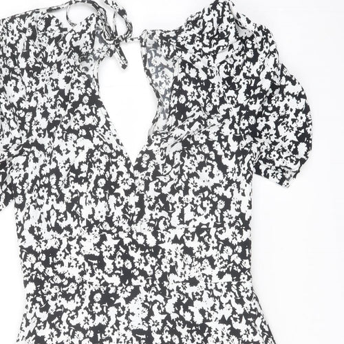 Topshop Womens Black Geometric Polyester A-Line Size 10 V-Neck Tie
