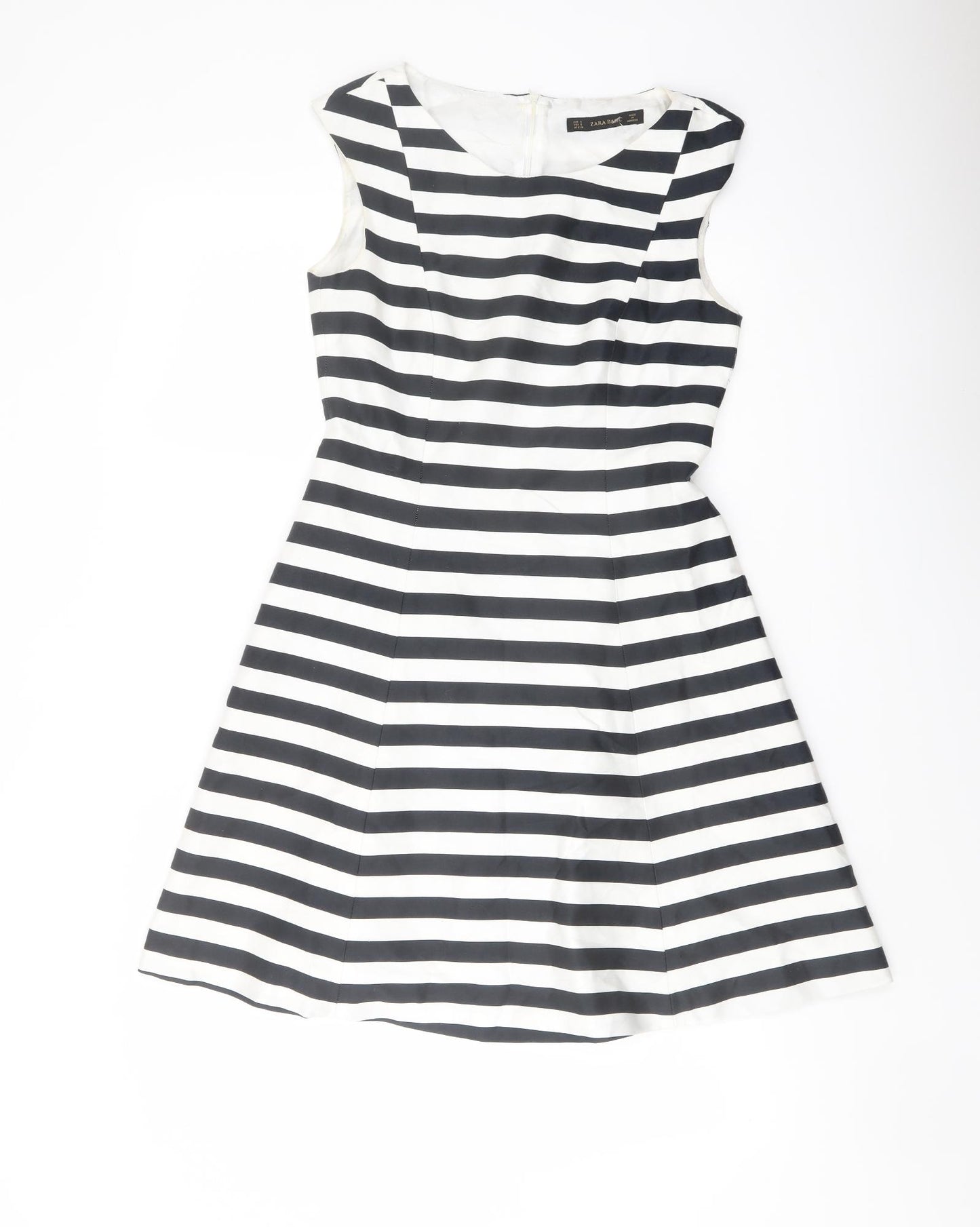 Zara Womens Blue Striped Cotton A-Line Size S Boat Neck Zip