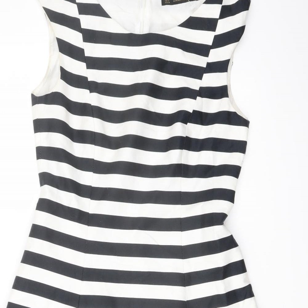 Zara Womens Blue Striped Cotton A-Line Size S Boat Neck Zip