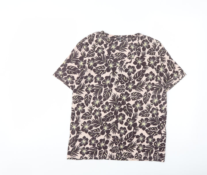 Marks and Spencer Womens Pink Floral Cotton Basic T-Shirt Size 8 V-Neck