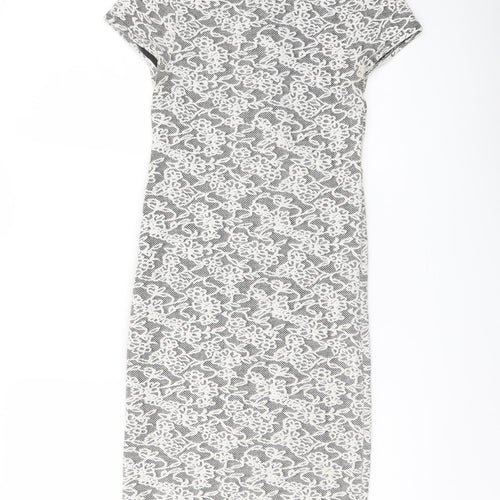 Miss Selfridge Womens White Floral Cotton Bodycon Size 8 Crew Neck Zip