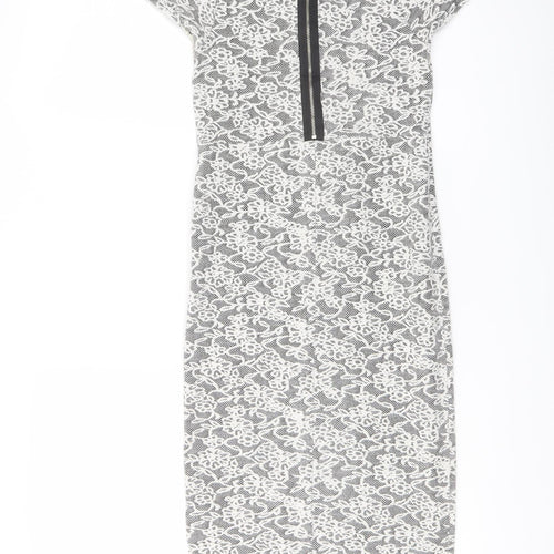 Miss Selfridge Womens White Floral Cotton Bodycon Size 8 Crew Neck Zip