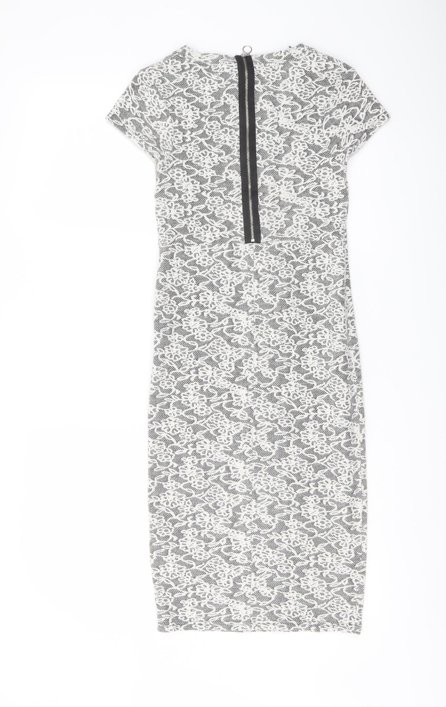 Miss Selfridge Womens White Floral Cotton Bodycon Size 8 Crew Neck Zip