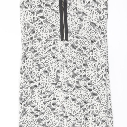 Miss Selfridge Womens White Floral Cotton Bodycon Size 8 Crew Neck Zip
