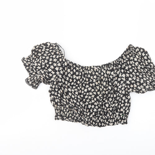 Miss Selfridge Womens Black Floral Polyester Cropped Blouse Size 10 Off the Shoulder