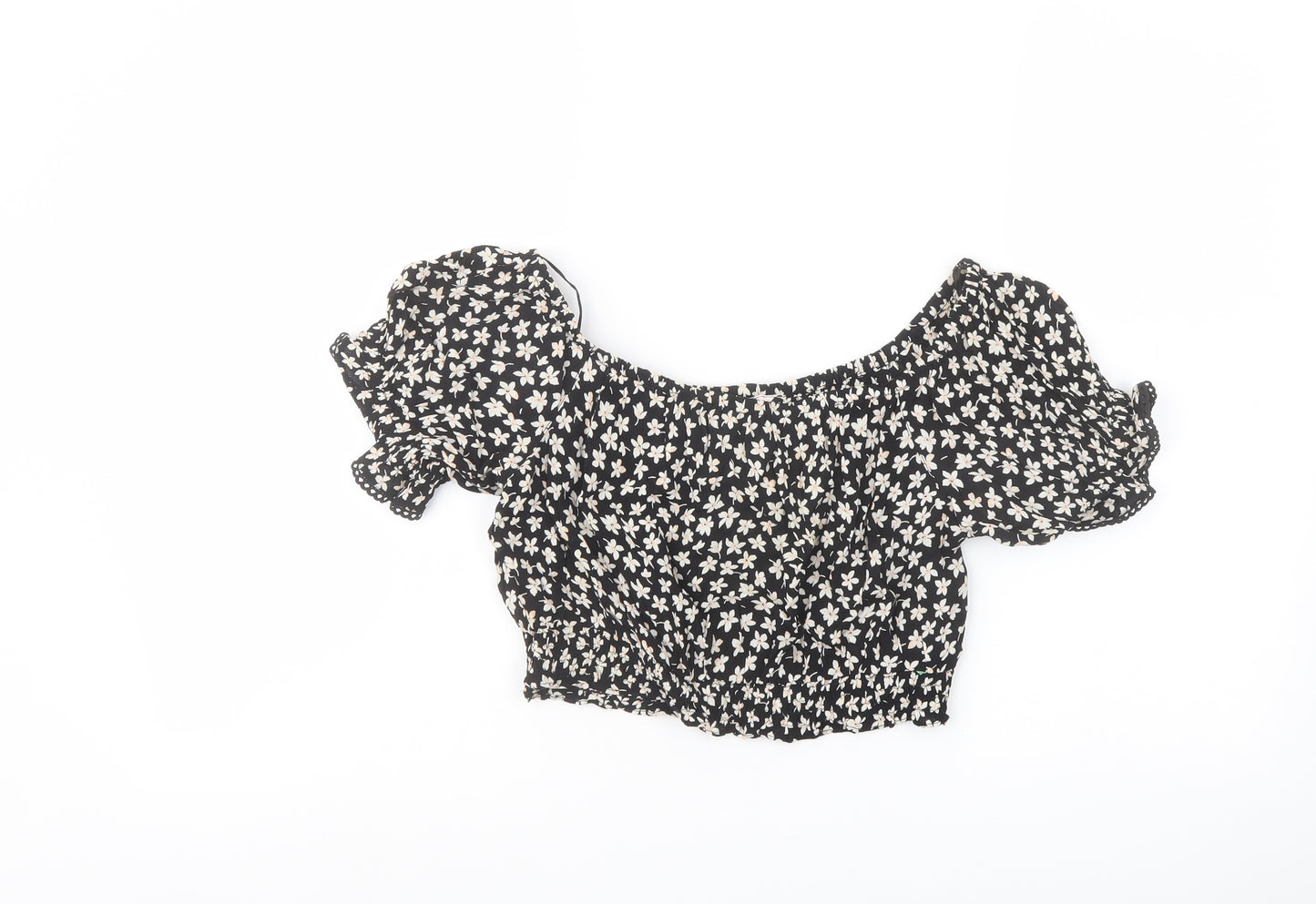 Miss Selfridge Womens Black Floral Polyester Cropped Blouse Size 10 Off the Shoulder