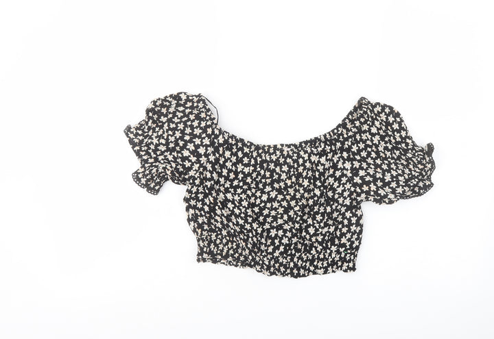 Miss Selfridge Womens Black Floral Polyester Cropped Blouse Size 10 Off the Shoulder