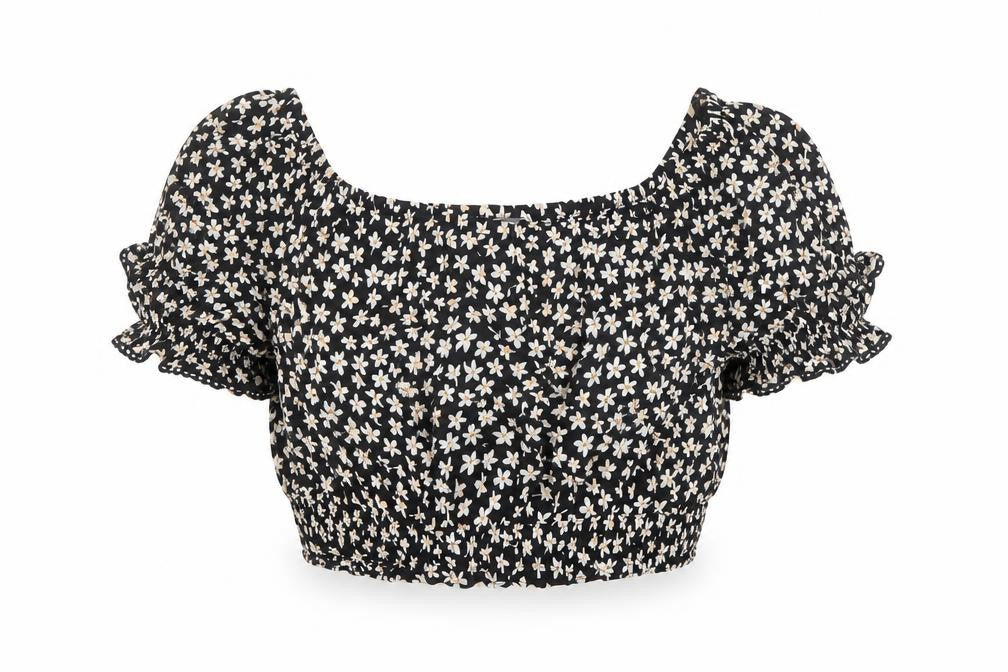 Miss Selfridge Womens Black Floral Polyester Cropped Blouse Size 10 Off the Shoulder