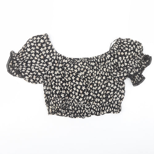 Miss Selfridge Womens Black Floral Polyester Cropped Blouse Size 10 Off the Shoulder