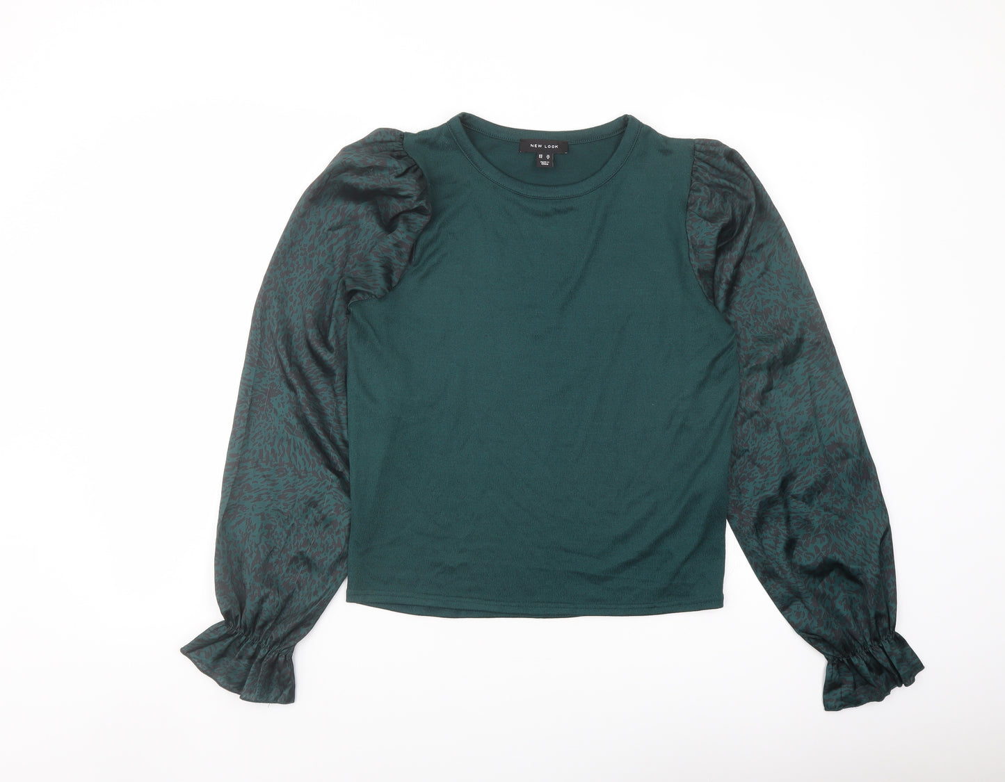 New Look Womens Green Animal Print Polyester Basic Blouse Size 12 Crew Neck