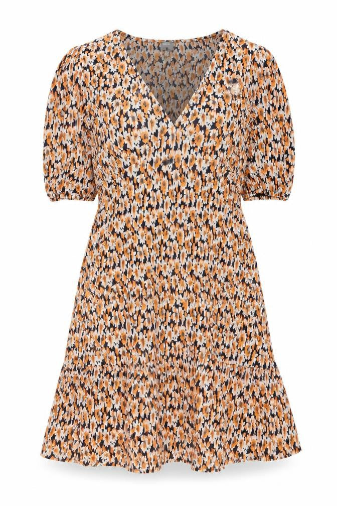 Front view of ASOS women’s orange floral polyester fit & flare, size UK 12, v-neck pullover