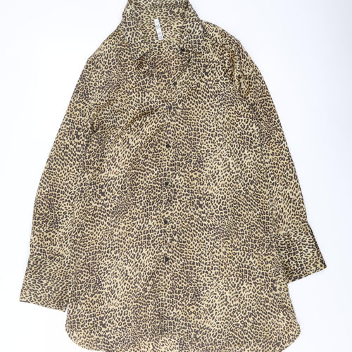 Zara Womens Brown Animal Print Polyester Tunic Button-Up Size XS Collared
