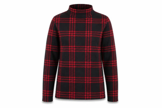 Front view of Oasis women’s black plaid polyester basic blouse, size S, mock neck