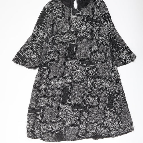 Marks and Spencer Womens Black Geometric Viscose A-Line Size 14 Round Neck Button