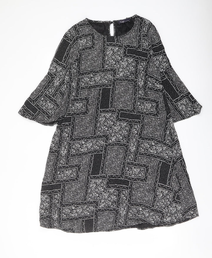 Marks and Spencer Womens Black Geometric Viscose A-Line Size 14 Round Neck Button