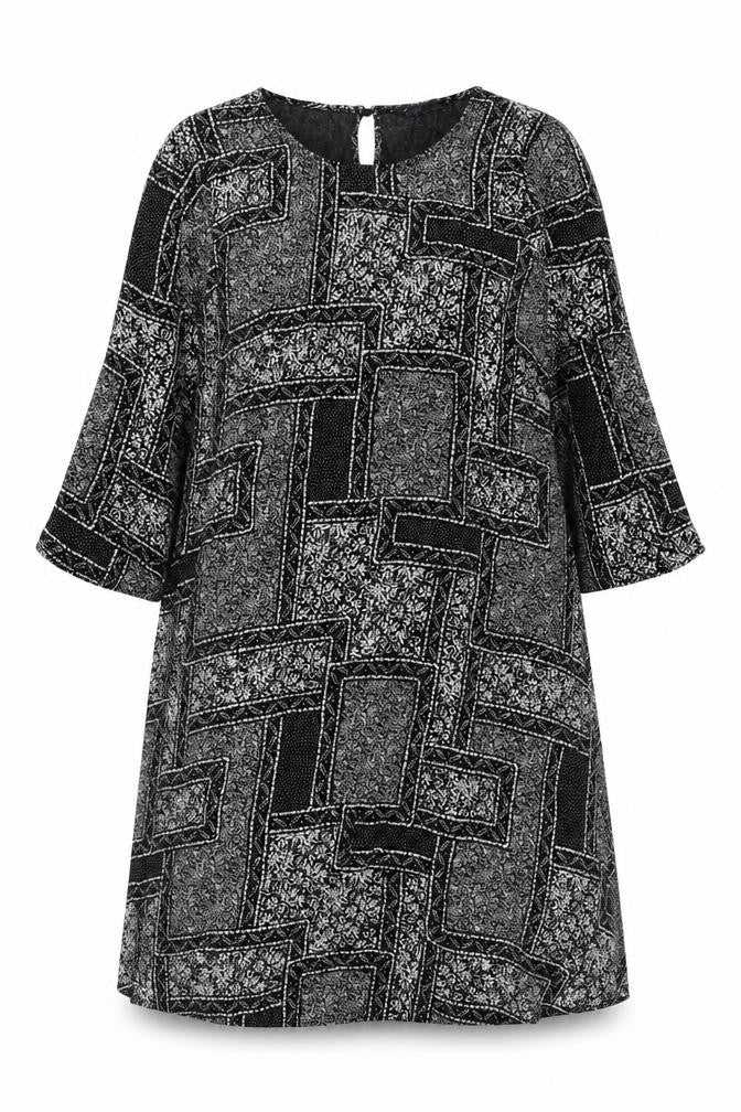 Marks and Spencer Womens Black Geometric Viscose A-Line Size 14 Round Neck Button