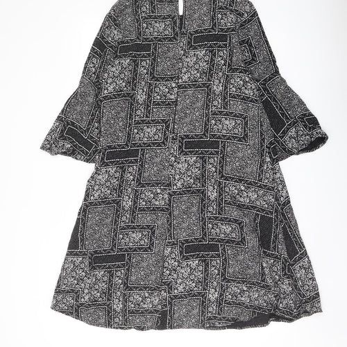 Marks and Spencer Womens Black Geometric Viscose A-Line Size 14 Round Neck Button