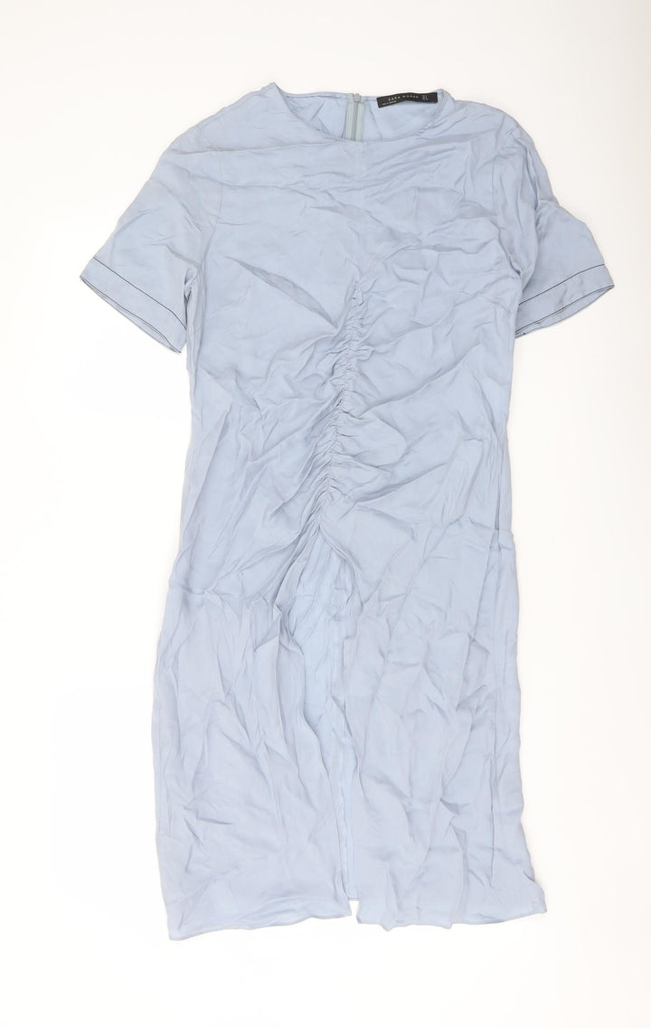 Zara Womens Blue Cupro Shift Size S Round Neck Zip