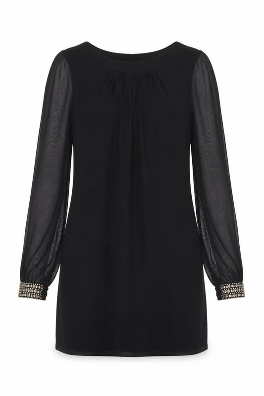 Front view of Dorothy Perkins women’s black polyester a-line, size UK 10, boat neck pullover