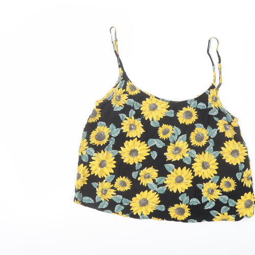 H&M Womens Black Floral Viscose Cropped T-Shirt Size 12 Square Neck