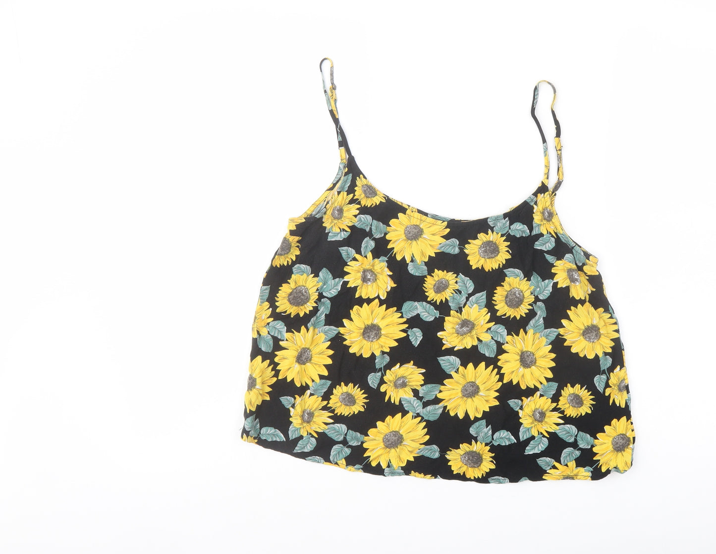 H&M Womens Black Floral Viscose Cropped T-Shirt Size 12 Square Neck