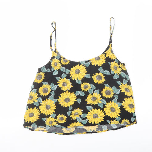 H&M Womens Black Floral Viscose Cropped T-Shirt Size 12 Square Neck