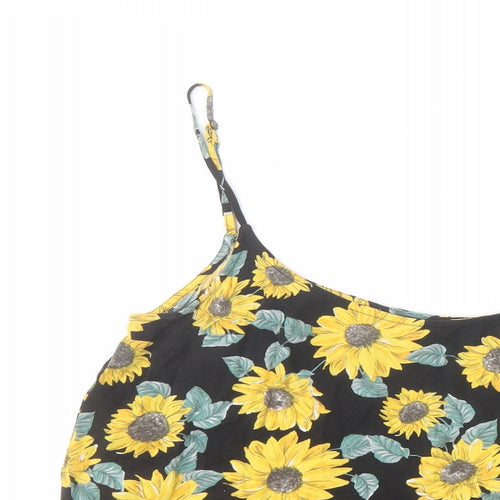 H&M Womens Black Floral Viscose Cropped T-Shirt Size 12 Square Neck
