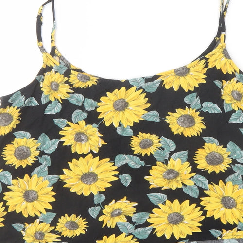 H&M Womens Black Floral Viscose Cropped T-Shirt Size 12 Square Neck