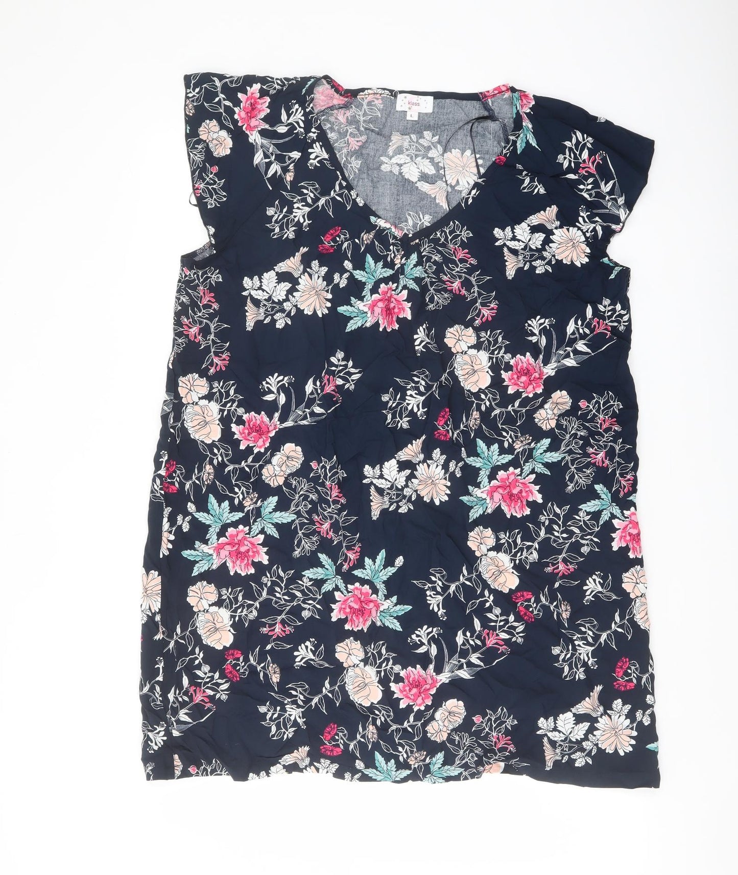 Klass Womens Blue Floral Viscose Basic Blouse Size L V-Neck