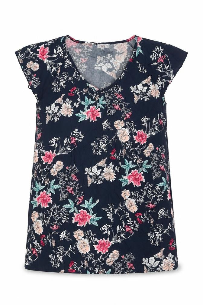 Front view of Klass women’s blue floral viscose basic blouse, size L, v-neck