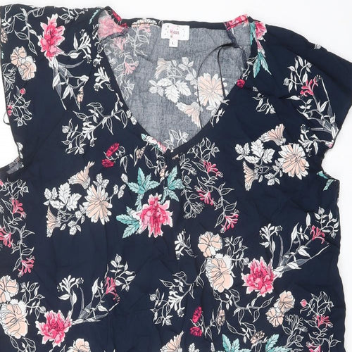 Klass Womens Blue Floral Viscose Basic Blouse Size L V-Neck
