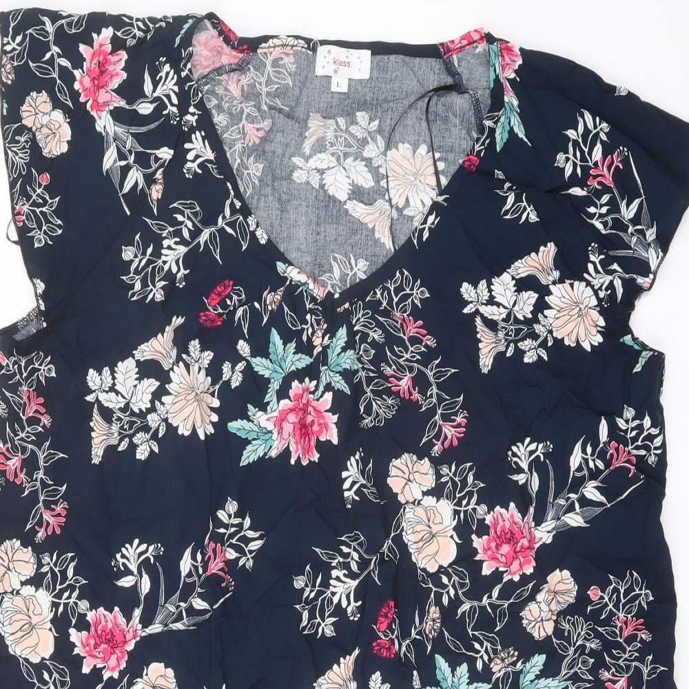 Klass Womens Blue Floral Viscose Basic Blouse Size L V-Neck