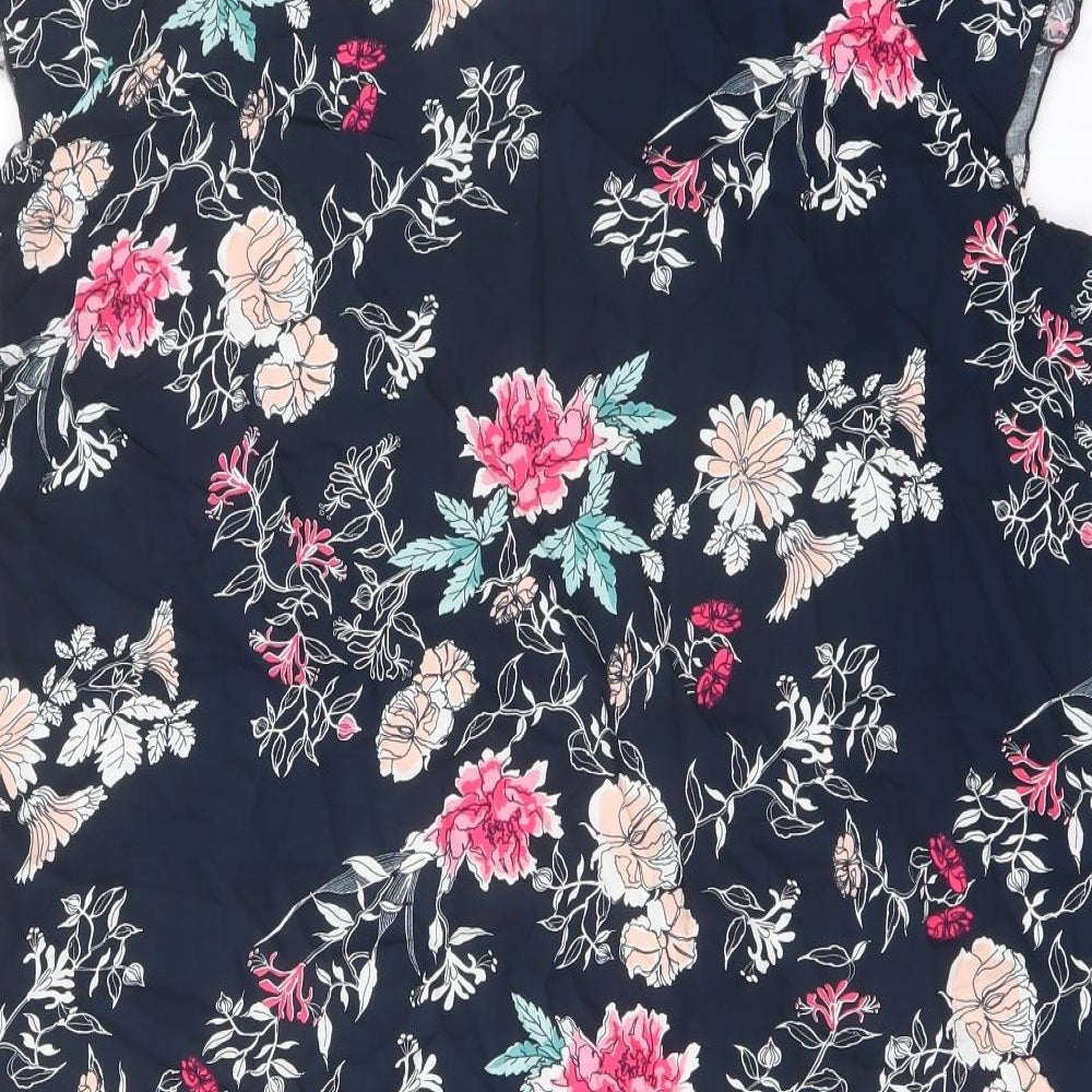 Klass Womens Blue Floral Viscose Basic Blouse Size L V-Neck