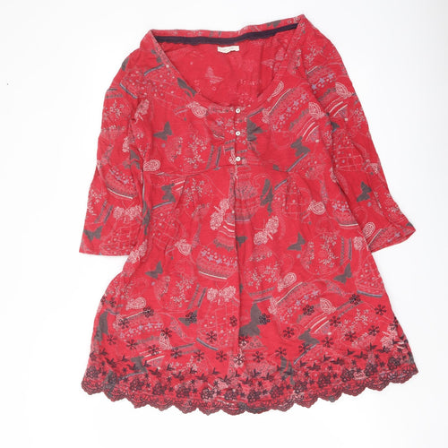White Stuff Womens Red Geometric Cotton A-Line Size 14 Boat Neck Button