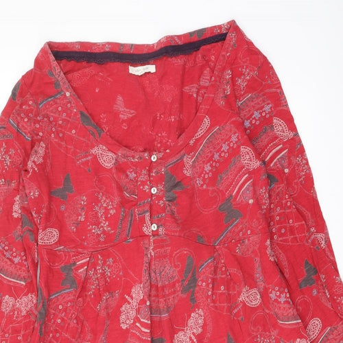 White Stuff Womens Red Geometric Cotton A-Line Size 14 Boat Neck Button