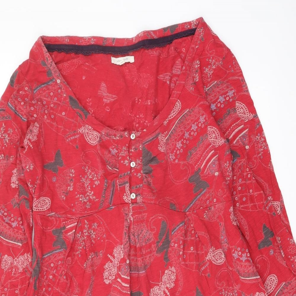 White Stuff Womens Red Geometric Cotton A-Line Size 14 Boat Neck Button