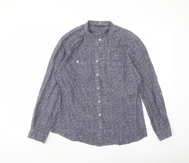Marks and Spencer Womens Grey Geometric Cotton Basic Button-Up Size 12 Round Neck